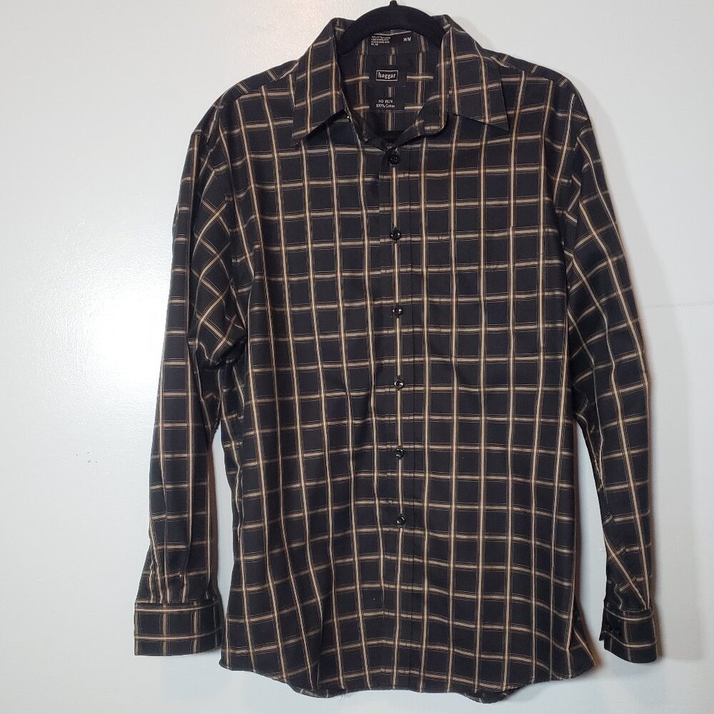 Haggar Men’s No Iron Black Tan Checkered button-down dress casual shirt size M